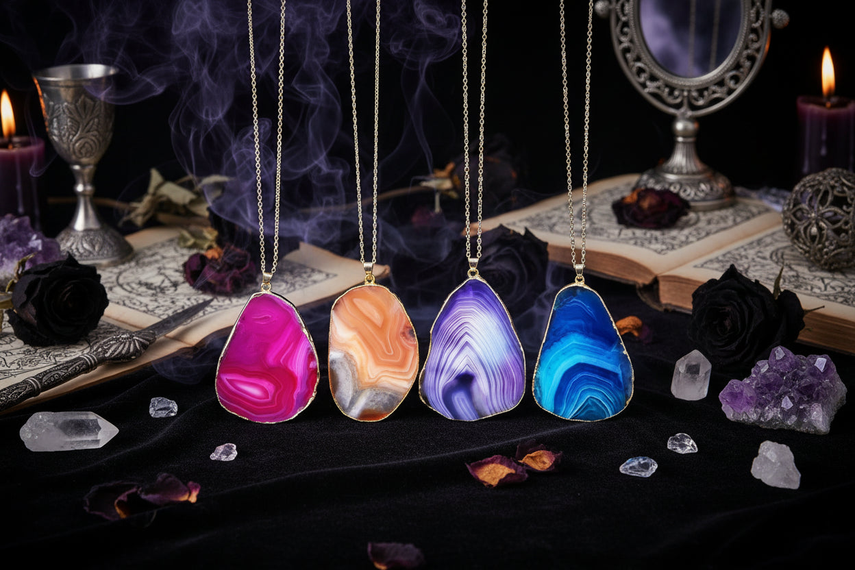Agate Crystal Necklace - Sorceress Sanctuary coffee-purple-Rose Red-Sky Blue