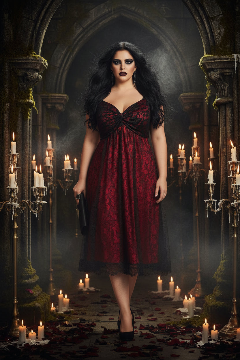 Woman wearing a red and black lace dress against a neutral background