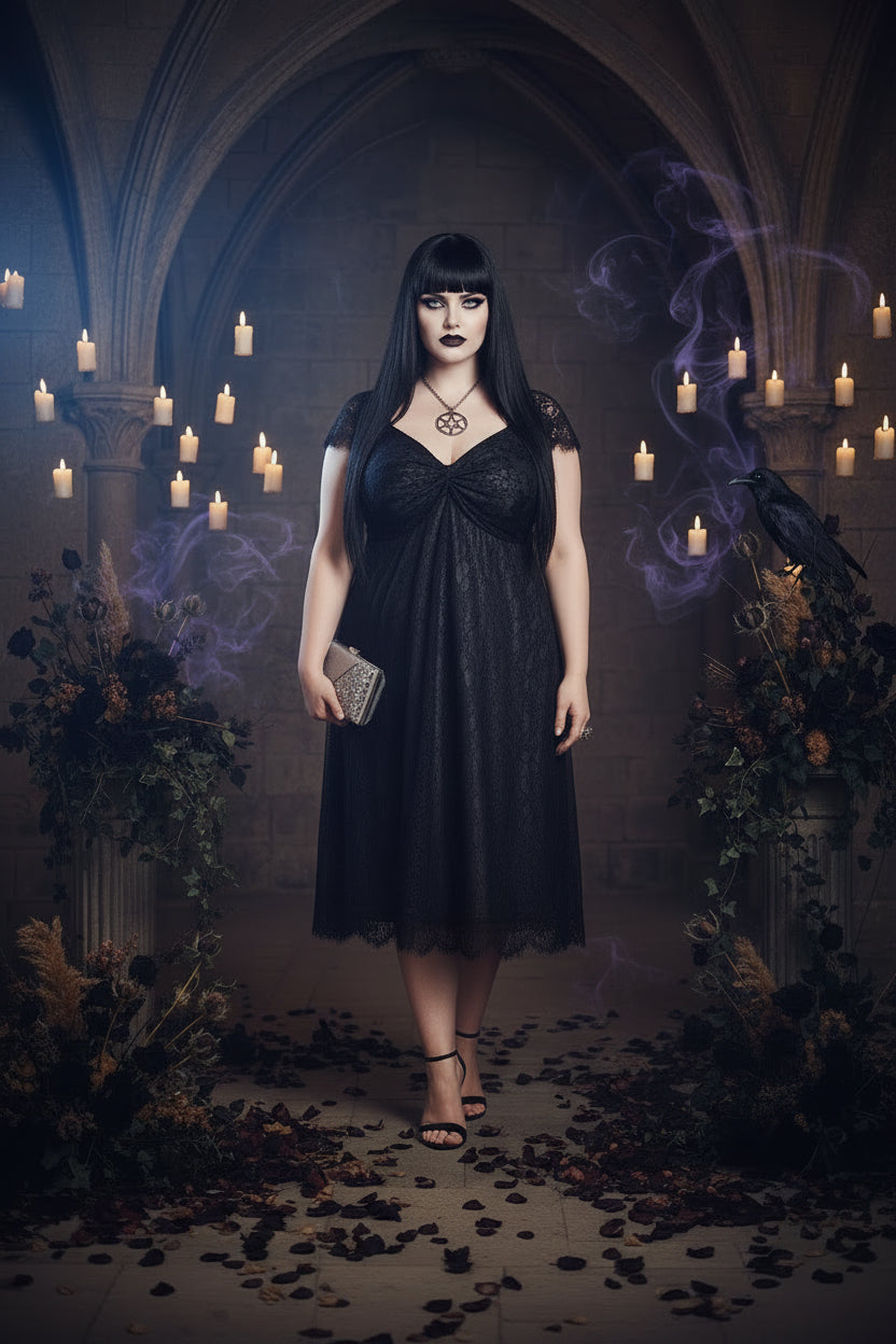 Woman wearing a black lace dress on a plain background