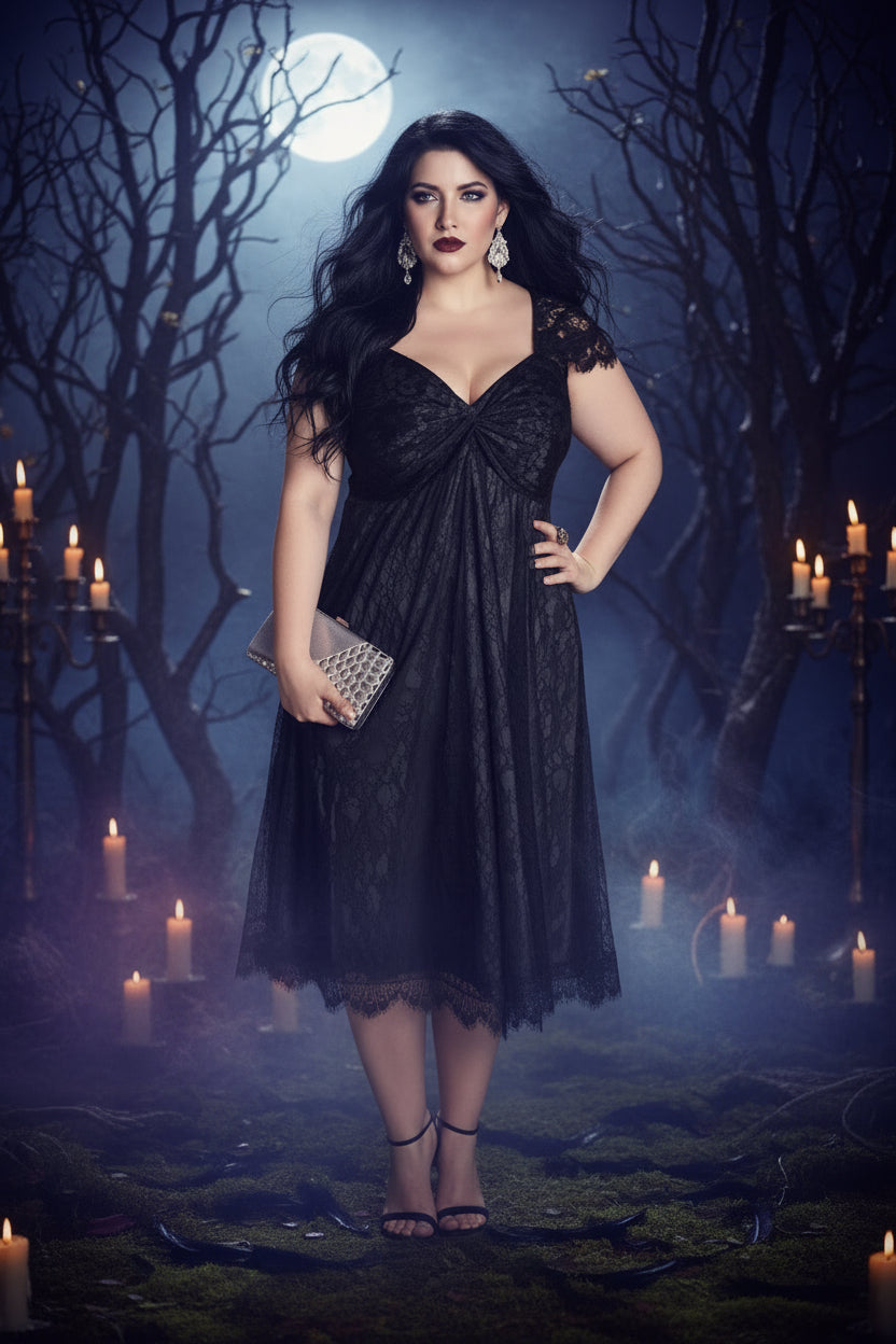 Woman wearing a black lace dress on a plain background