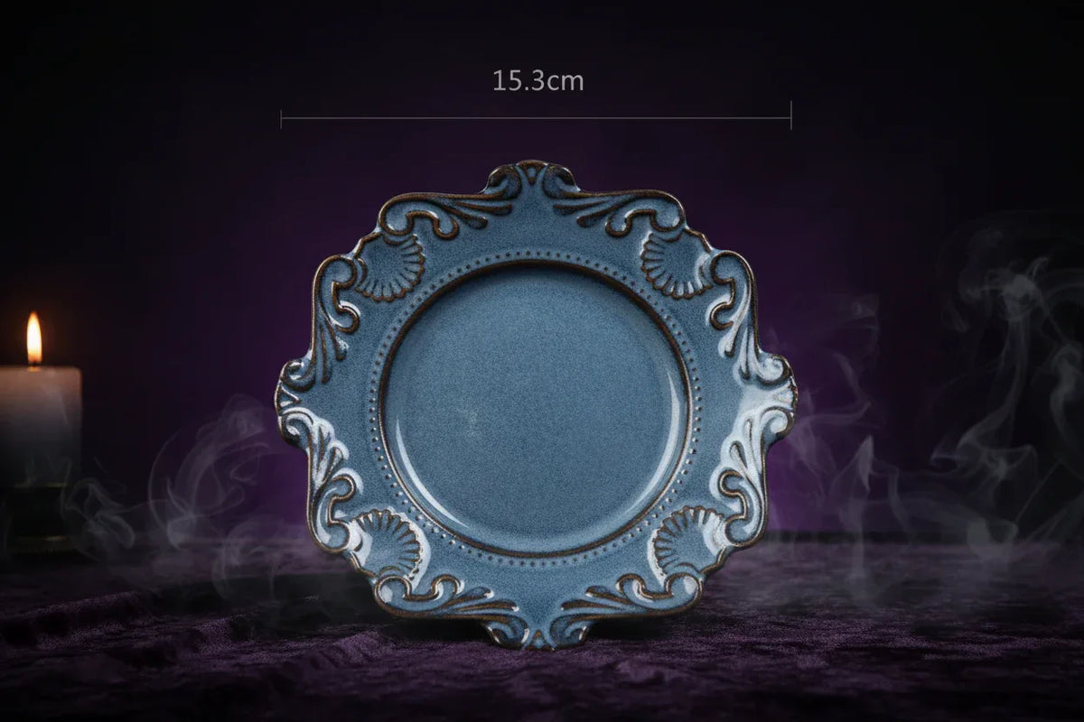Altar Offering Set - Sorceress Sanctuary Baroque plate blue 6 inches-Baroque plate blue 8 inches-Baroque plate blue 10 inches-Baroque blue large bowl-Baroque blue trumpet bowl