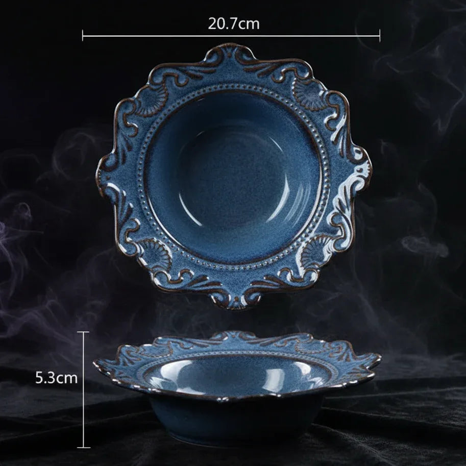 Altar Offering Set - Sorceress Sanctuary Baroque plate blue 6 inches-Baroque plate blue 8 inches-Baroque plate blue 10 inches-Baroque blue large bowl-Baroque blue trumpet bowl