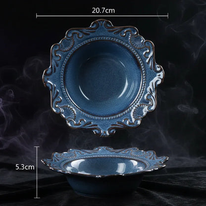 Altar Offering Set - Sorceress Sanctuary Baroque plate blue 6 inches-Baroque plate blue 8 inches-Baroque plate blue 10 inches-Baroque blue large bowl-Baroque blue trumpet bowl