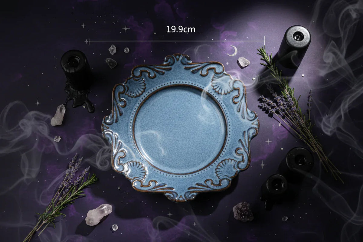 Altar Offering Set - Sorceress Sanctuary Baroque plate blue 6 inches-Baroque plate blue 8 inches-Baroque plate blue 10 inches-Baroque blue large bowl-Baroque blue trumpet bowl