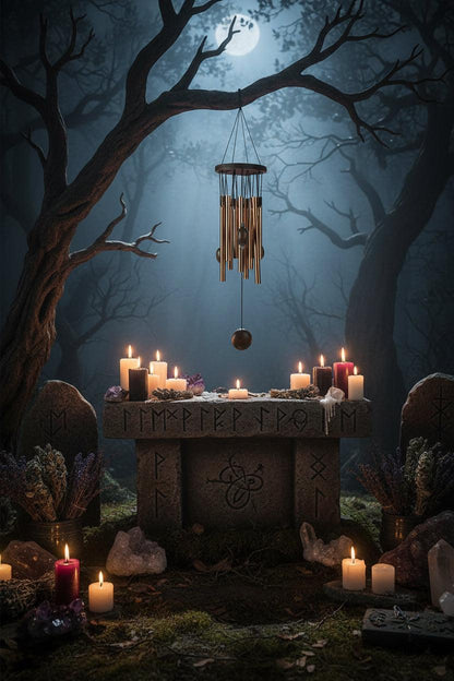 Ceremonial setup with candles, a wind chime, and stones in a mystical forest setting.