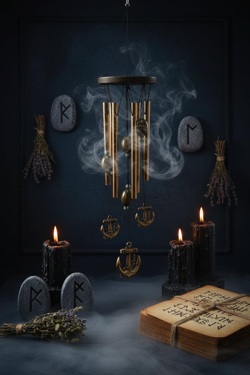 Decorative wind chime with brass anchors and cylindrical tubes on a white background
