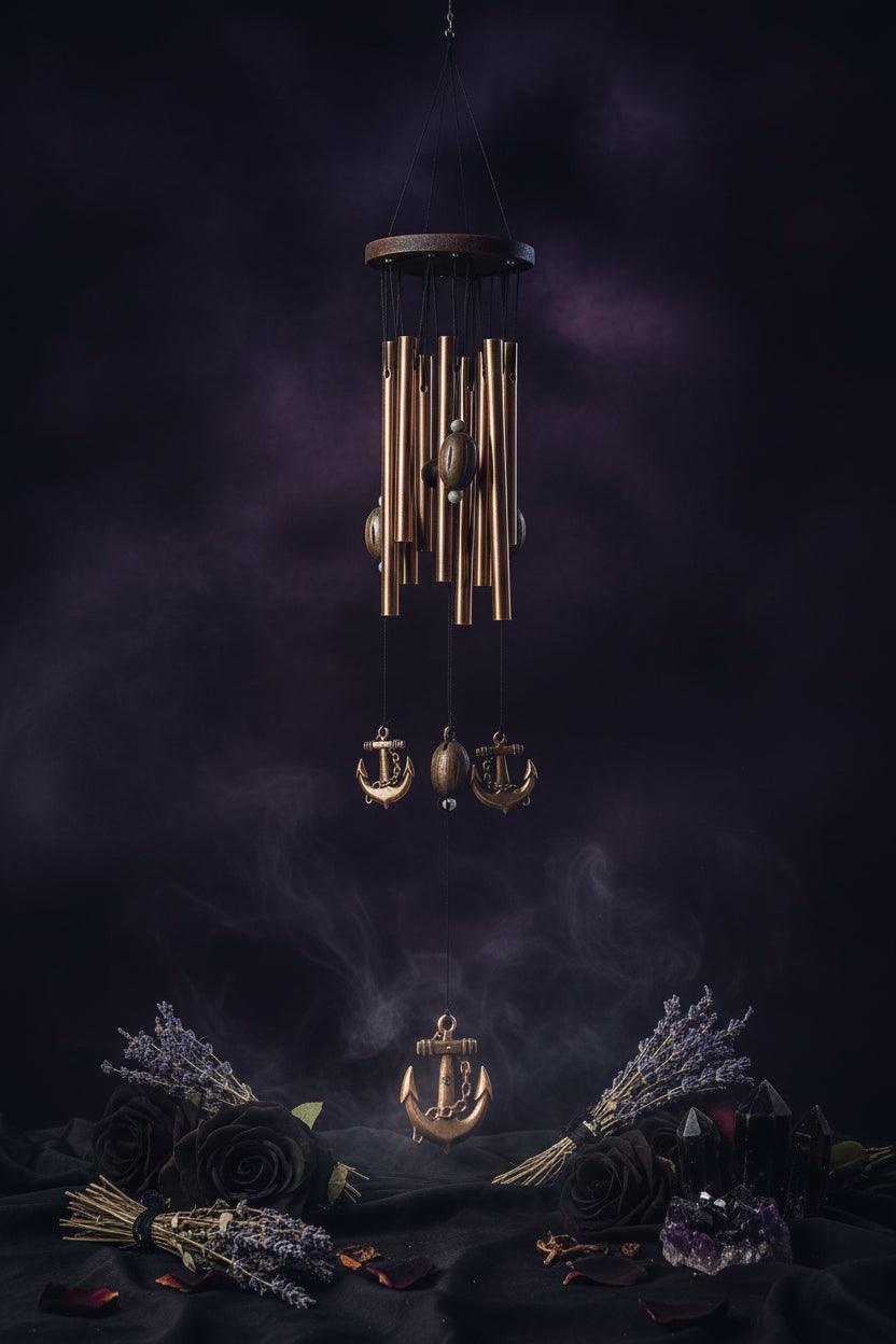 Decorative wind chime with anchor design on a white background