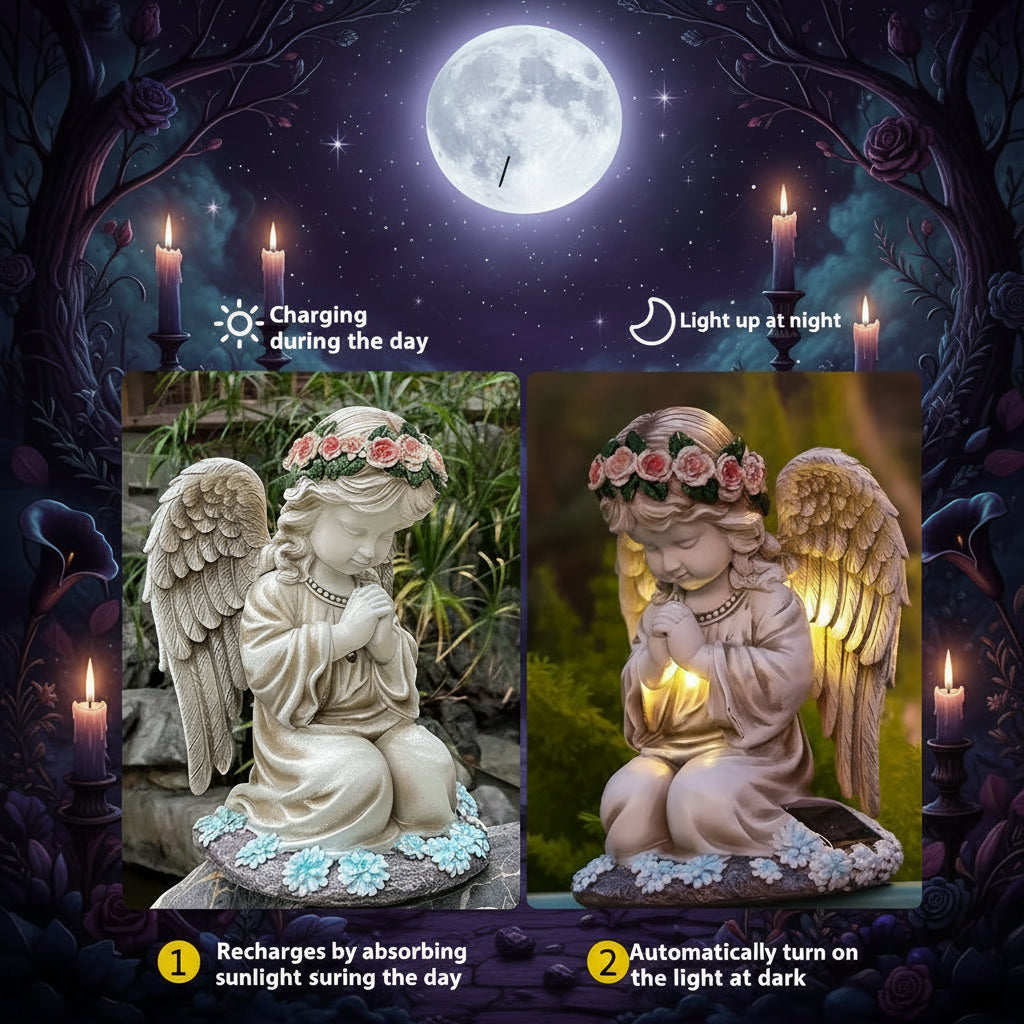 Solar-powered angel statue with built-in smart sensor chip, charging during the day and lighting up at night.