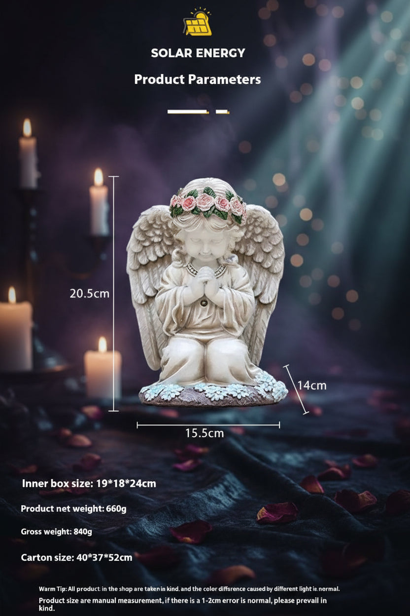 Decorative angel figurine with solar energy label and dimensions on a white background