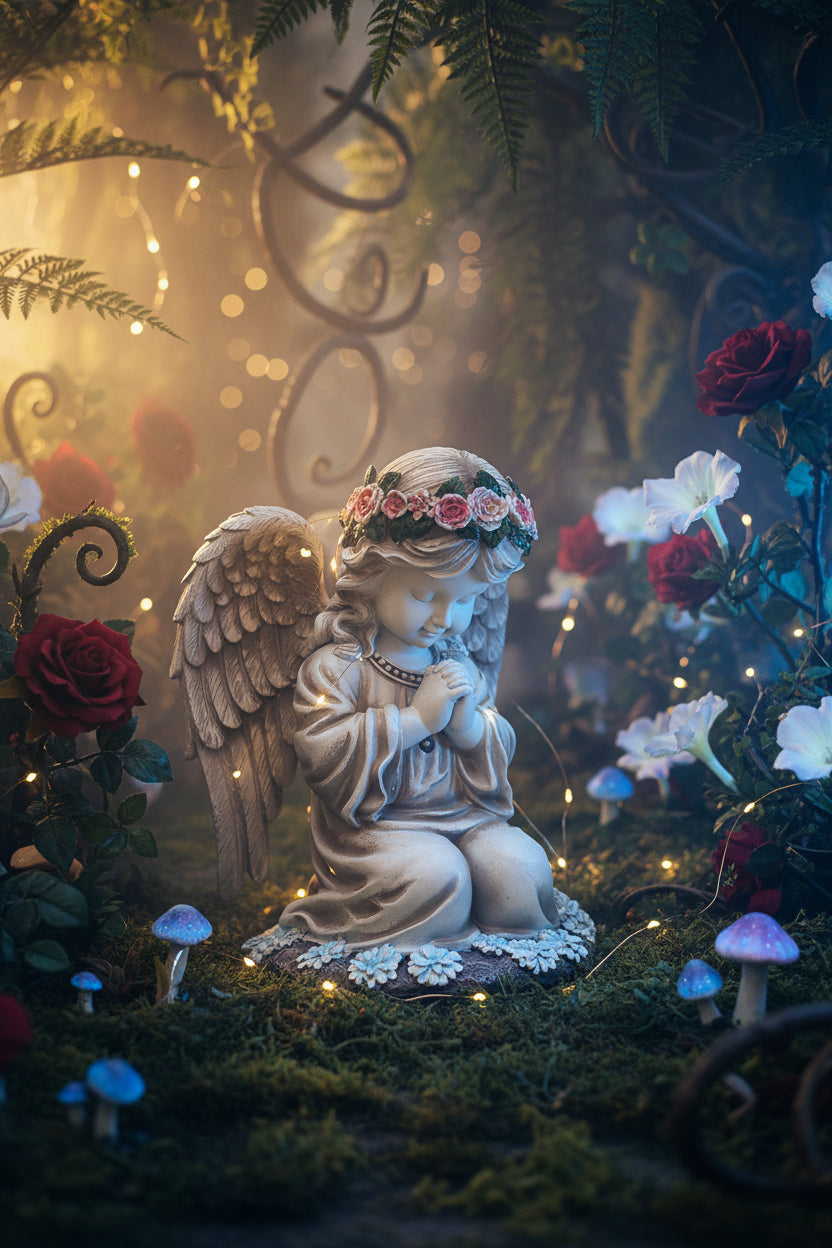 Statue of a angel with wings and floral crown on a blurred green background