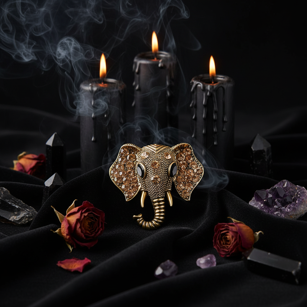 Gold elephant head brooch with gemstones on a white background