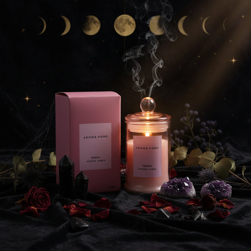 Apothecary Soy Candle - Sorceress Sanctuary Pink Box-British Pear Freesia-Black Box-Lemon Basil & Citrus-Yellow box-blue wind chimes-Gray box-Ebony sandalwood  