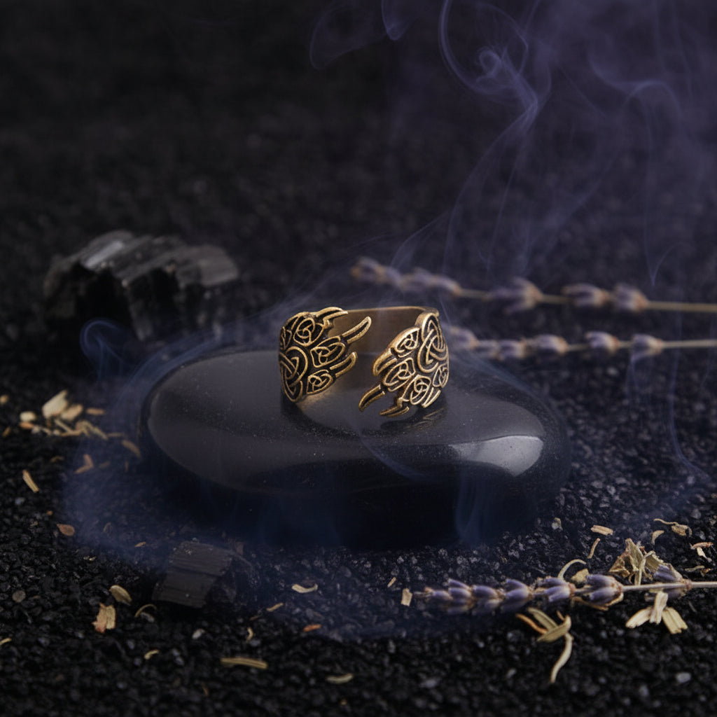 Gold Celtic knot ring on a black stone surface