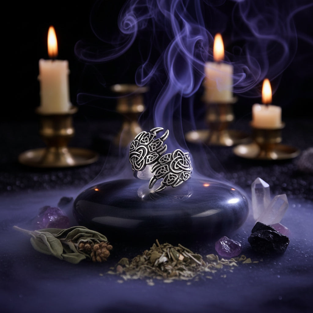 Silver ring with intricate designs on a black stone surface