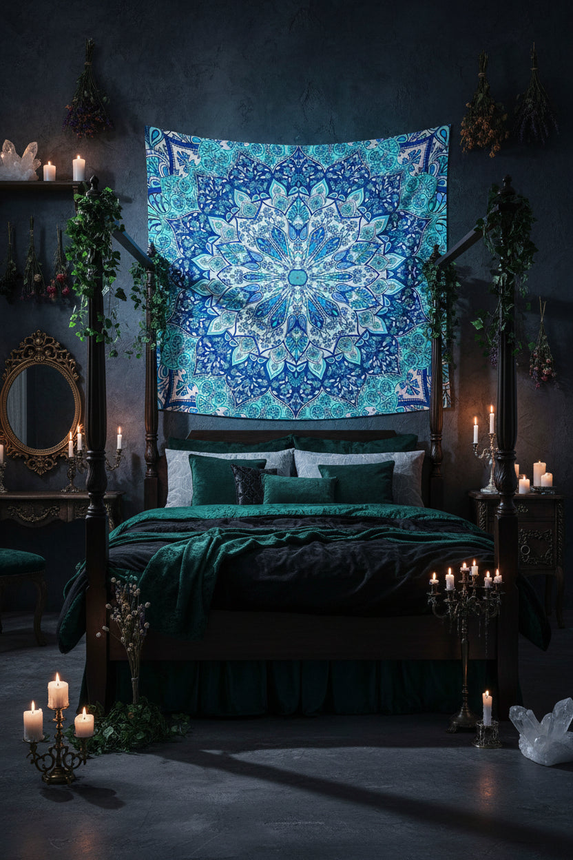 Blue and green mandala tapestry on a white background