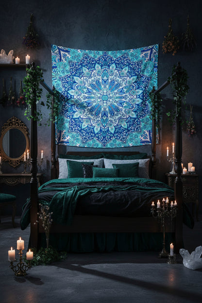 Blue and green mandala tapestry on a white background