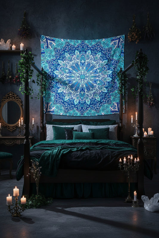 Blue and green mandala tapestry on a white background