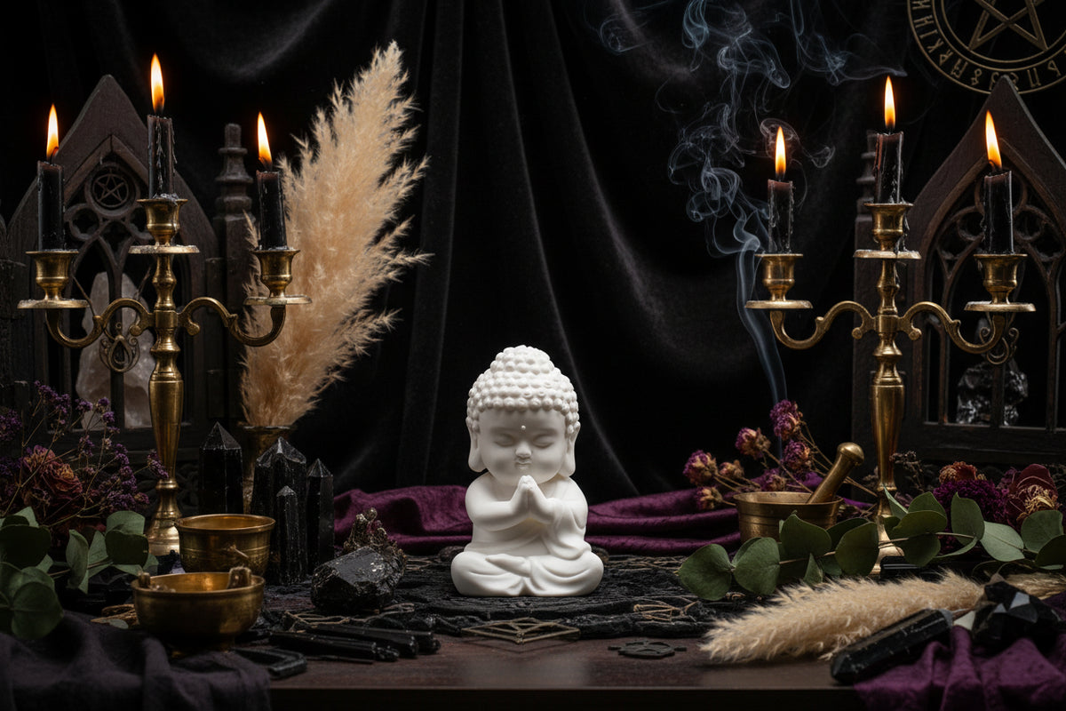 Buddha Statue - Sorceress Sanctuary Buda - Namastê-Buda - Gesto da Coragem