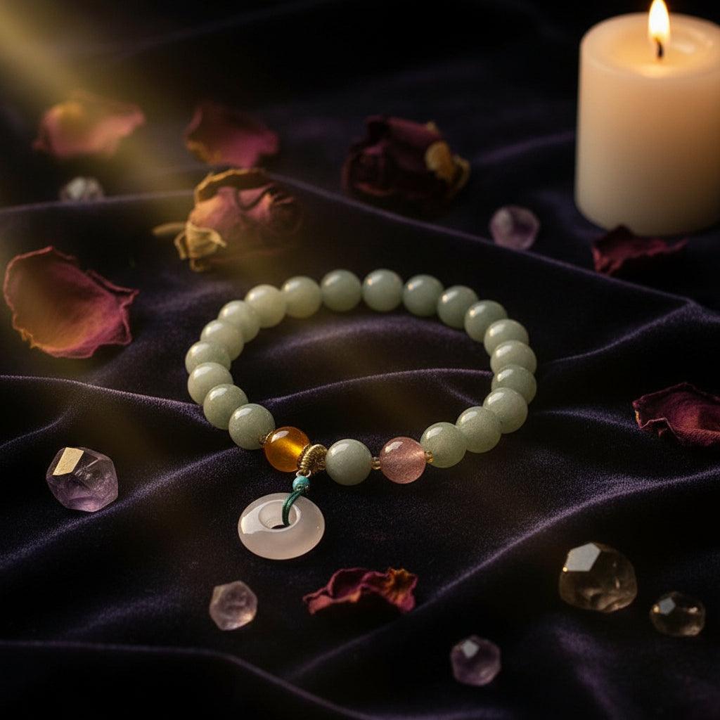 Bracelet with gray beads and colorful charm on a white background