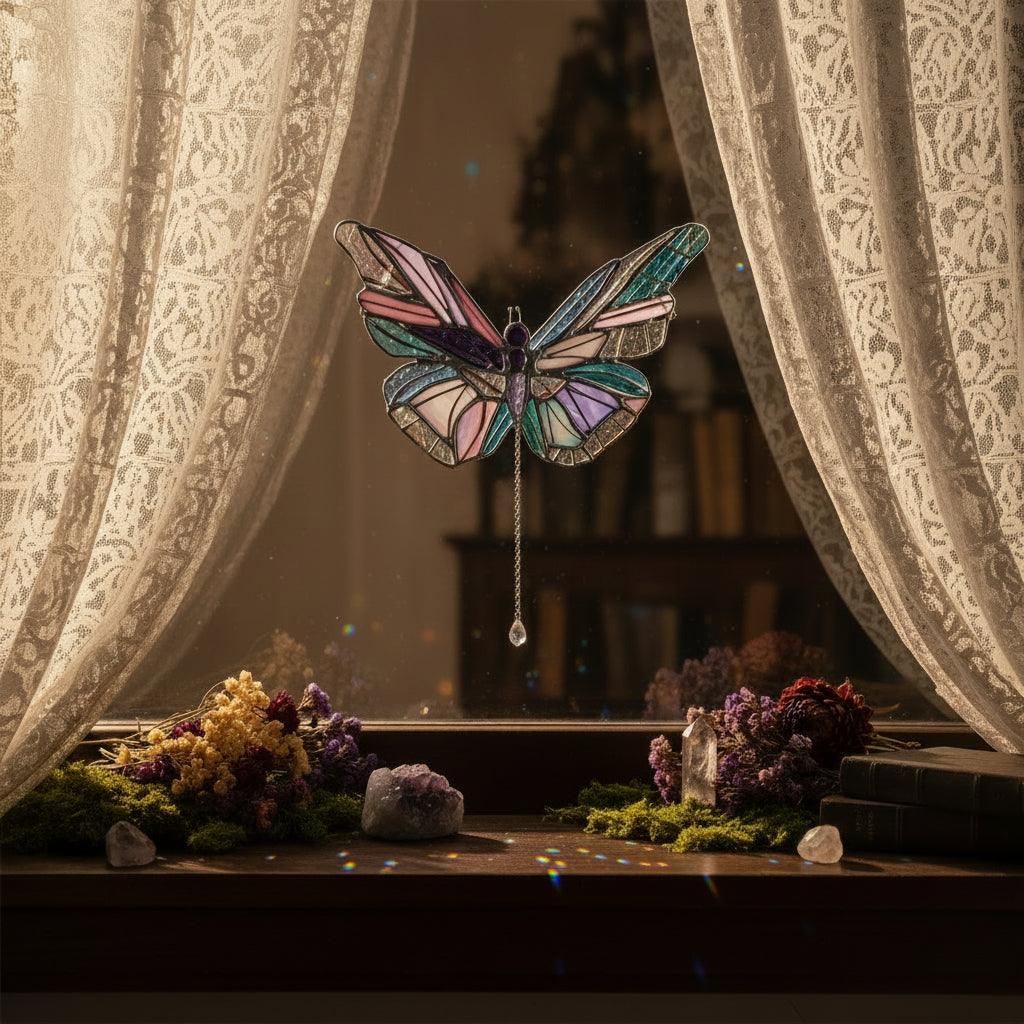 Stained glass butterfly hanging on a window with a blue sky background