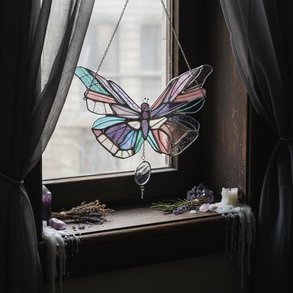 Stained glass butterfly hanging decoration on a white background
