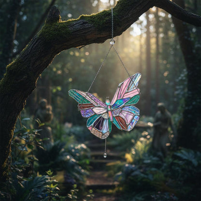 Stained glass butterfly hanging ornament in a garden setting