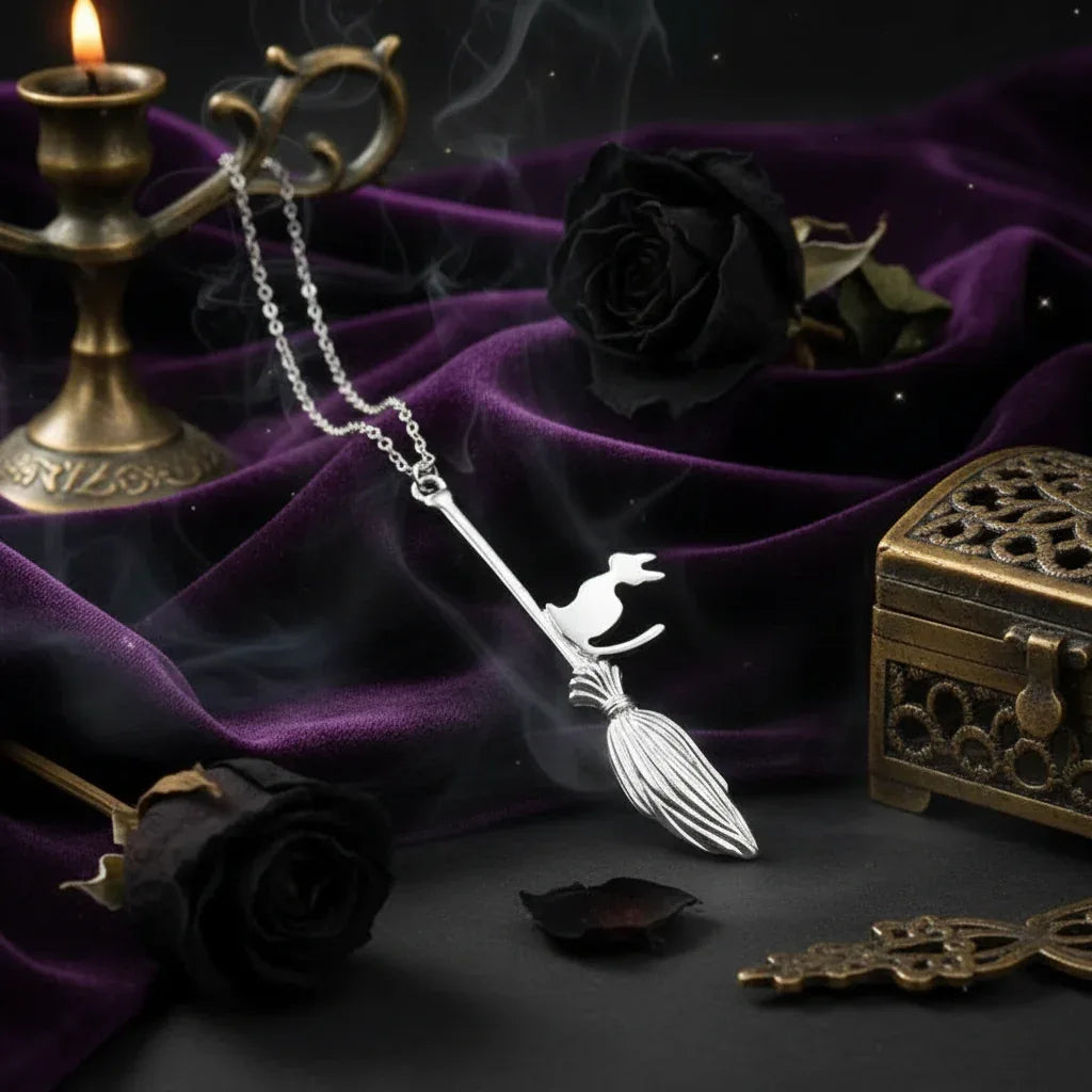 Cat Broom Necklace - Sorceress Sanctuary silvery