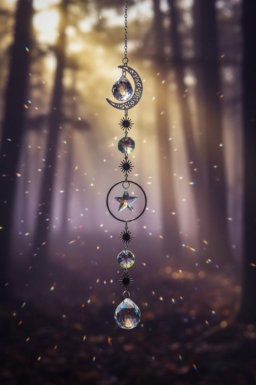 Decorative hanging ornament with crystals and celestial designs on a blurred background