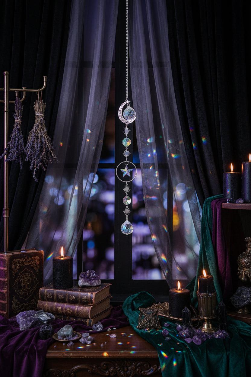 Decorative hanging ornament with celestial design on a wooden surface against a blurred colorful background