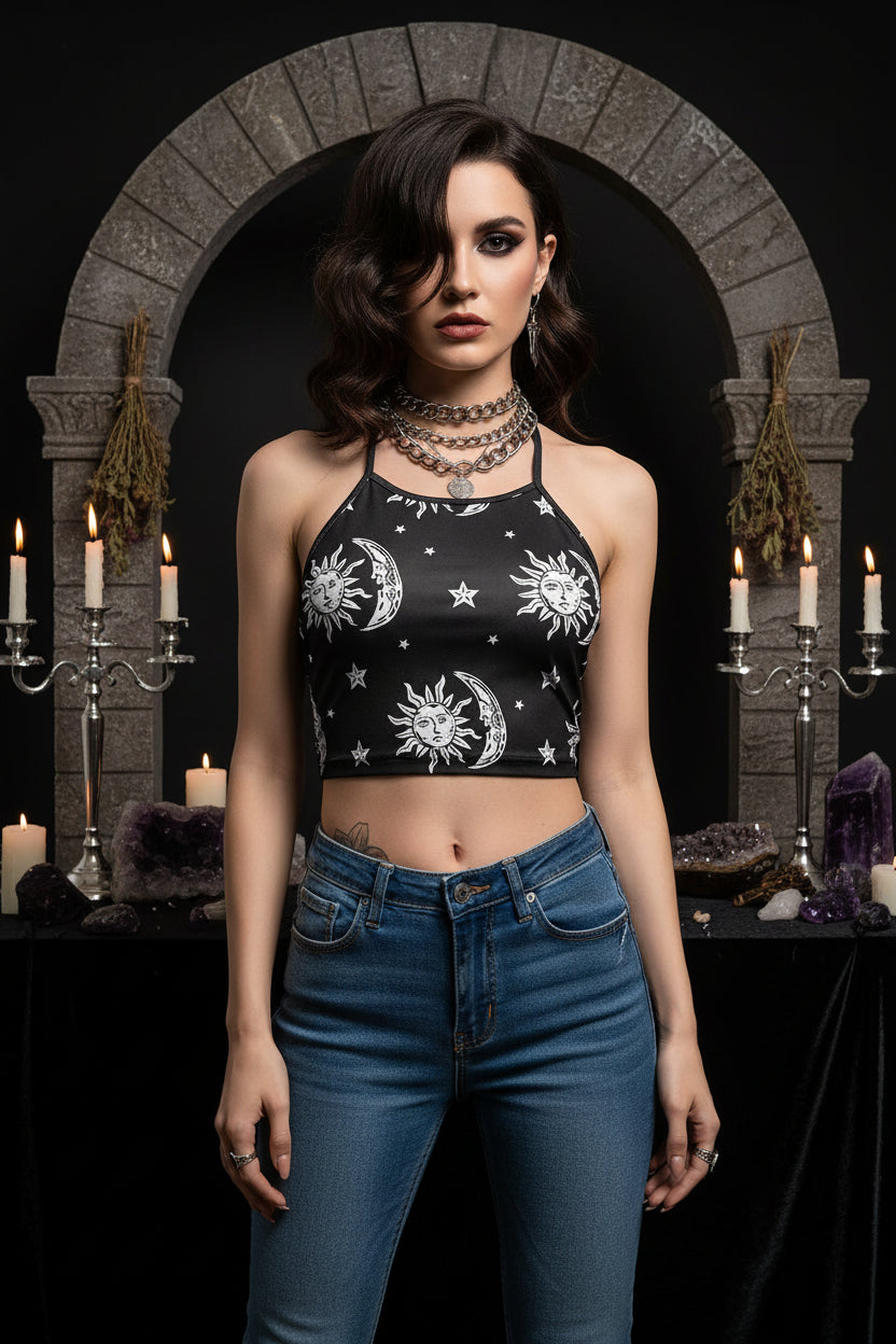 Crop Top with Star & Moon Print and Sun God Design Sorceress Sanctuary