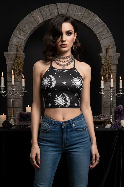 Crop Top with Star & Moon Print and Sun God Design Sorceress Sanctuary