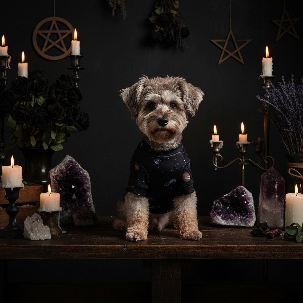 Dog wearing a black jacket with heart patterns indoors