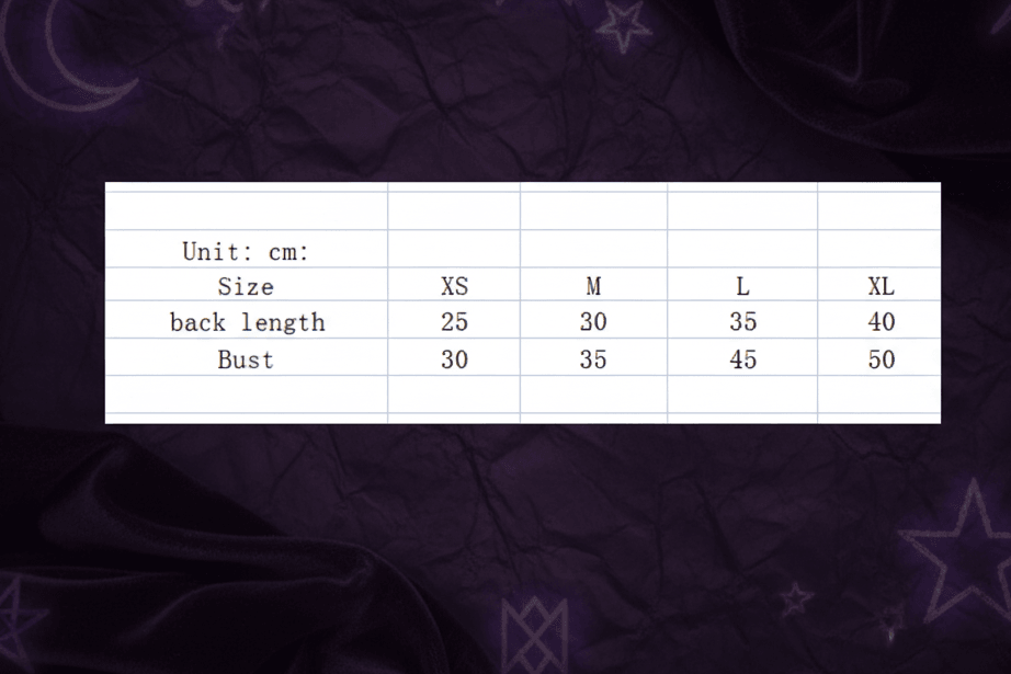 Measurement chart for clothing sizes in centimeters