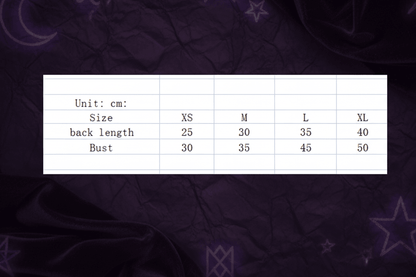 Measurement chart for clothing sizes in centimeters