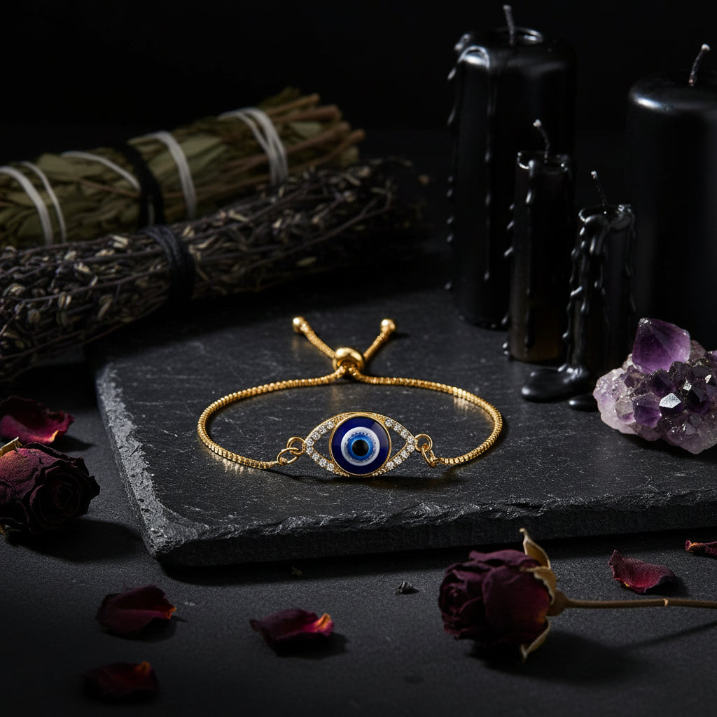 Turkish Evil Eye Bracelet with Hollow Design and Gems Sorceress Sanctuary