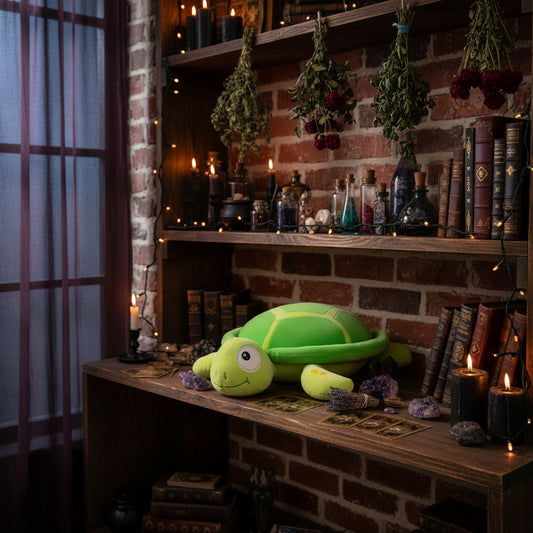 Green plush turtle toy on a checkered surface with a blurred indoor background