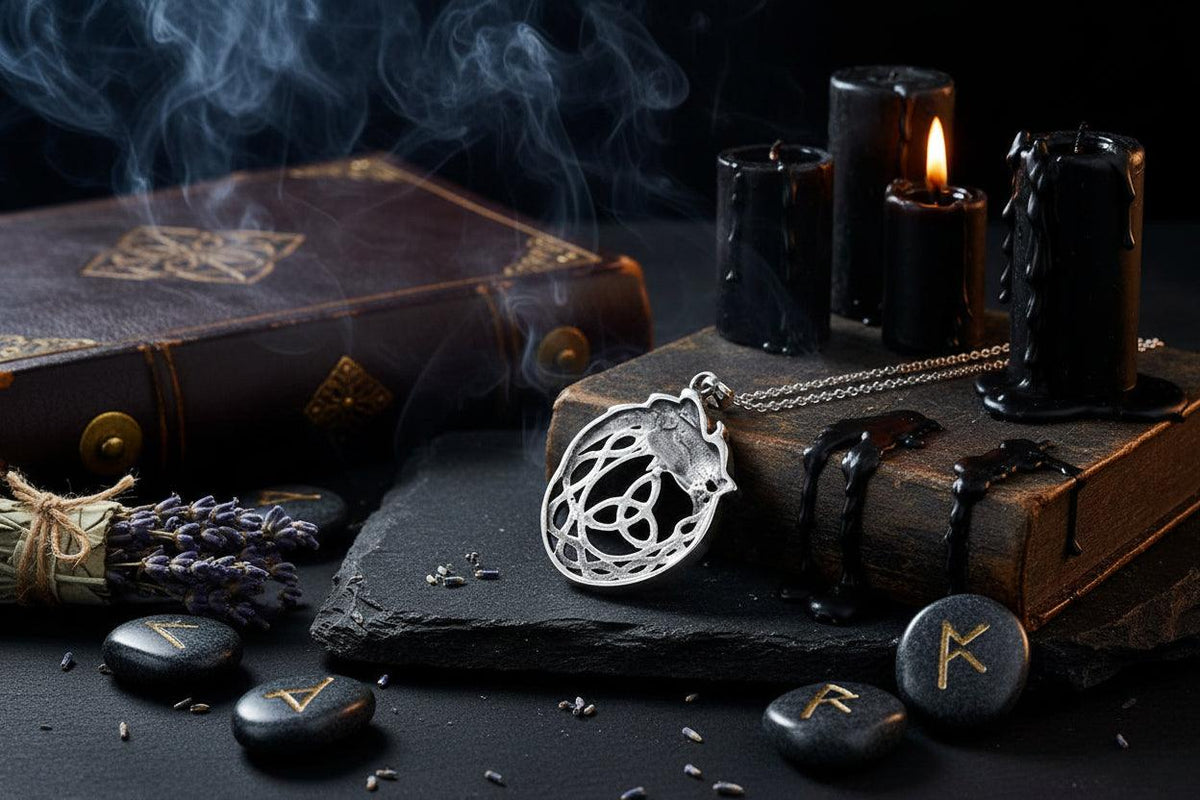 Silver pendant with a trinity knot design on a branch against a dark background