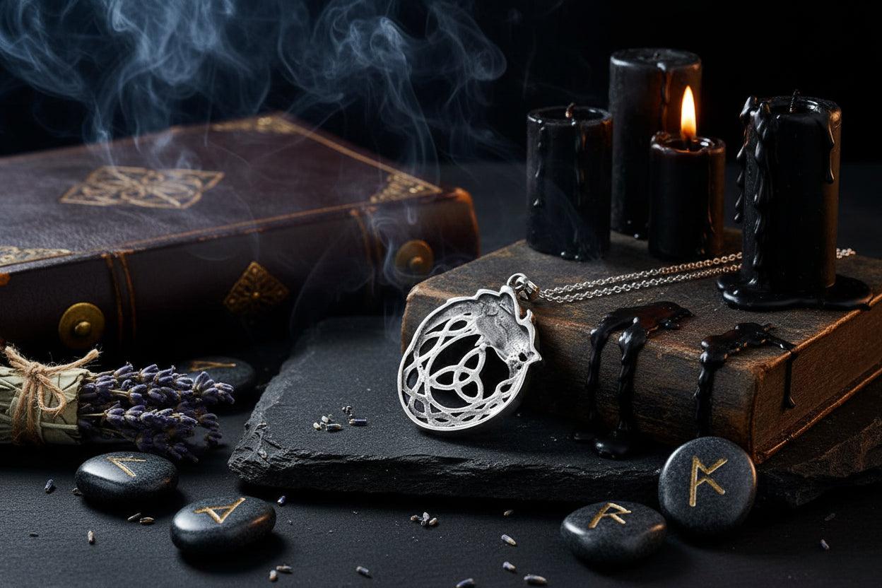 Silver pendant with a trinity knot design on a branch against a dark background