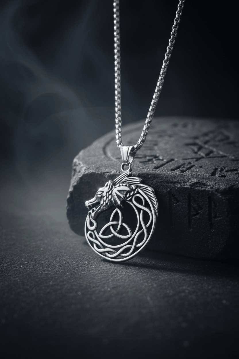 Silver dragon pendant necklace on a black background