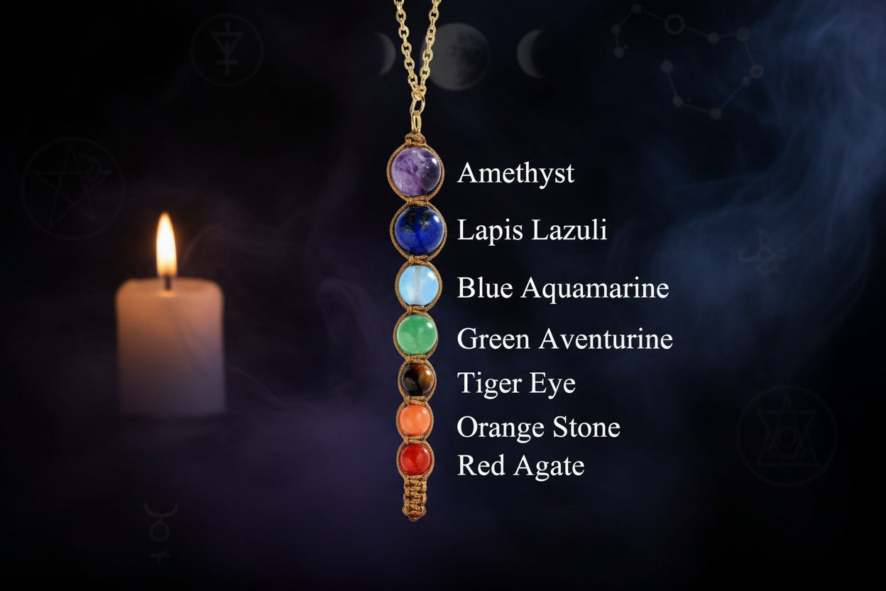 Chakra Beads Necklace - Sorceress Sanctuary Golden rope weaving-Black rope preparation