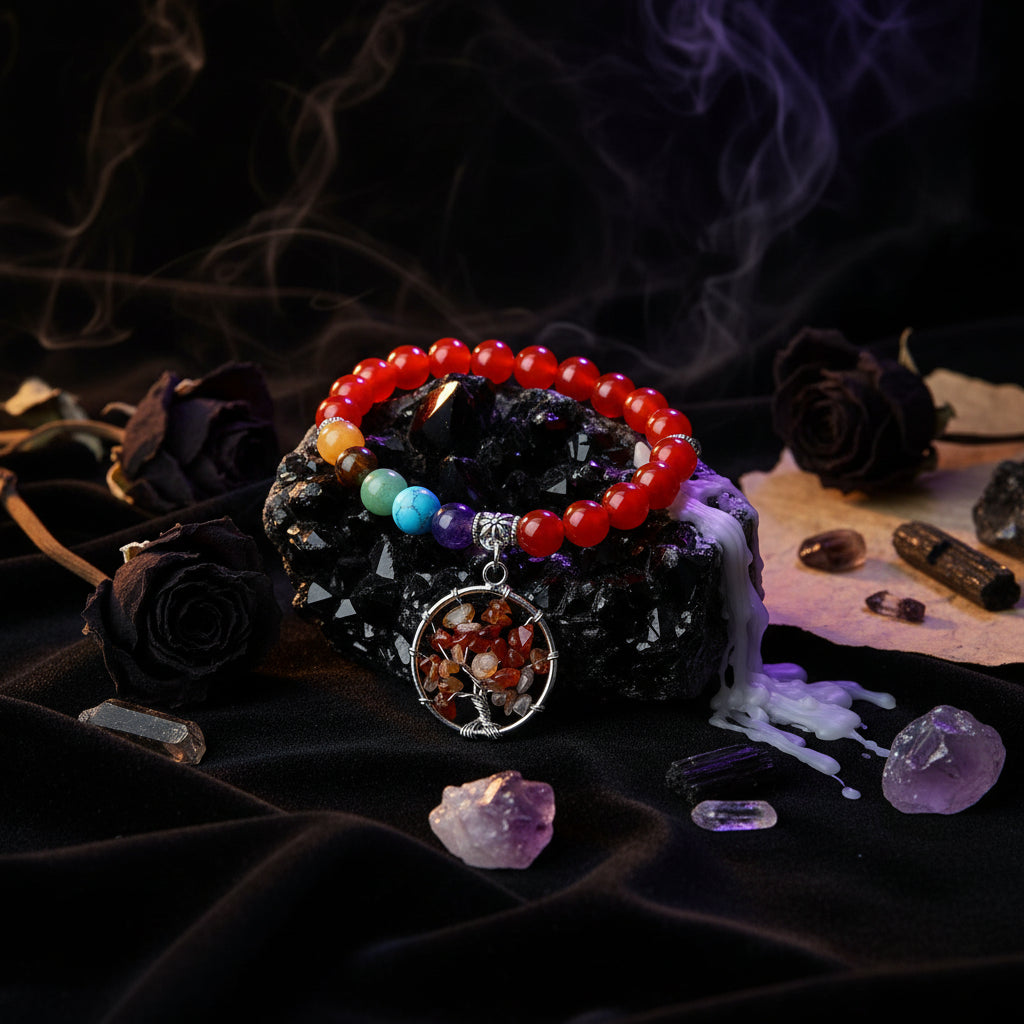 Chakra Crystal Bracelet - Sorceress Sanctuary Obsidian-Green Aventurine-Tiger Eye-Amethyst-White Turquoise