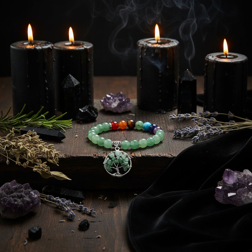 Chakra Crystal Bracelet - Sorceress Sanctuary Obsidian-Green Aventurine-Tiger Eye-Amethyst-White Turquoise