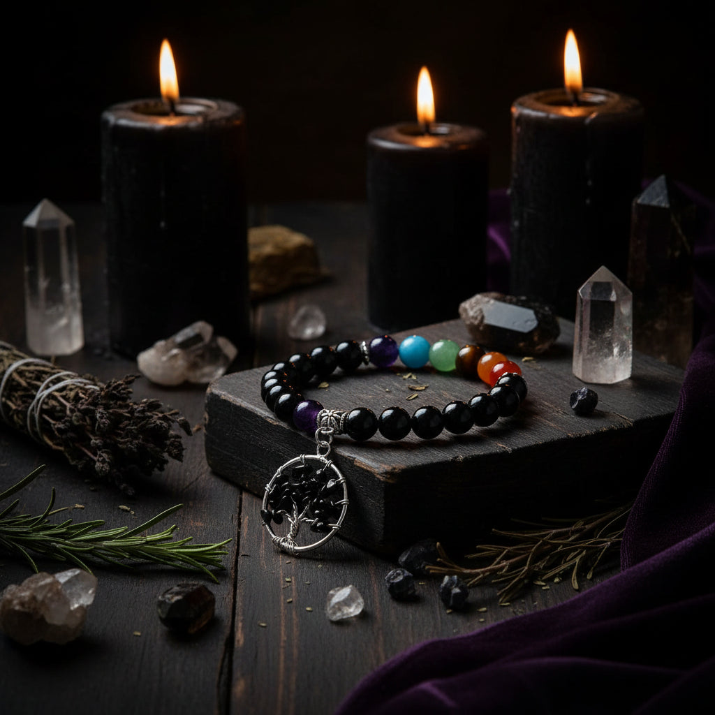 Chakra Crystal Bracelet - Sorceress Sanctuary Obsidian-Green Aventurine-Tiger Eye-Amethyst-White Turquoise