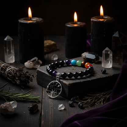Chakra Crystal Bracelet - Sorceress Sanctuary Obsidian-Green Aventurine-Tiger Eye-Amethyst-White Turquoise