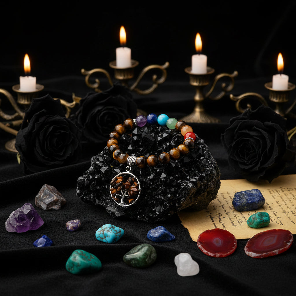Chakra Crystal Bracelet - Sorceress Sanctuary Obsidian-Green Aventurine-Tiger Eye-Amethyst-White Turquoise