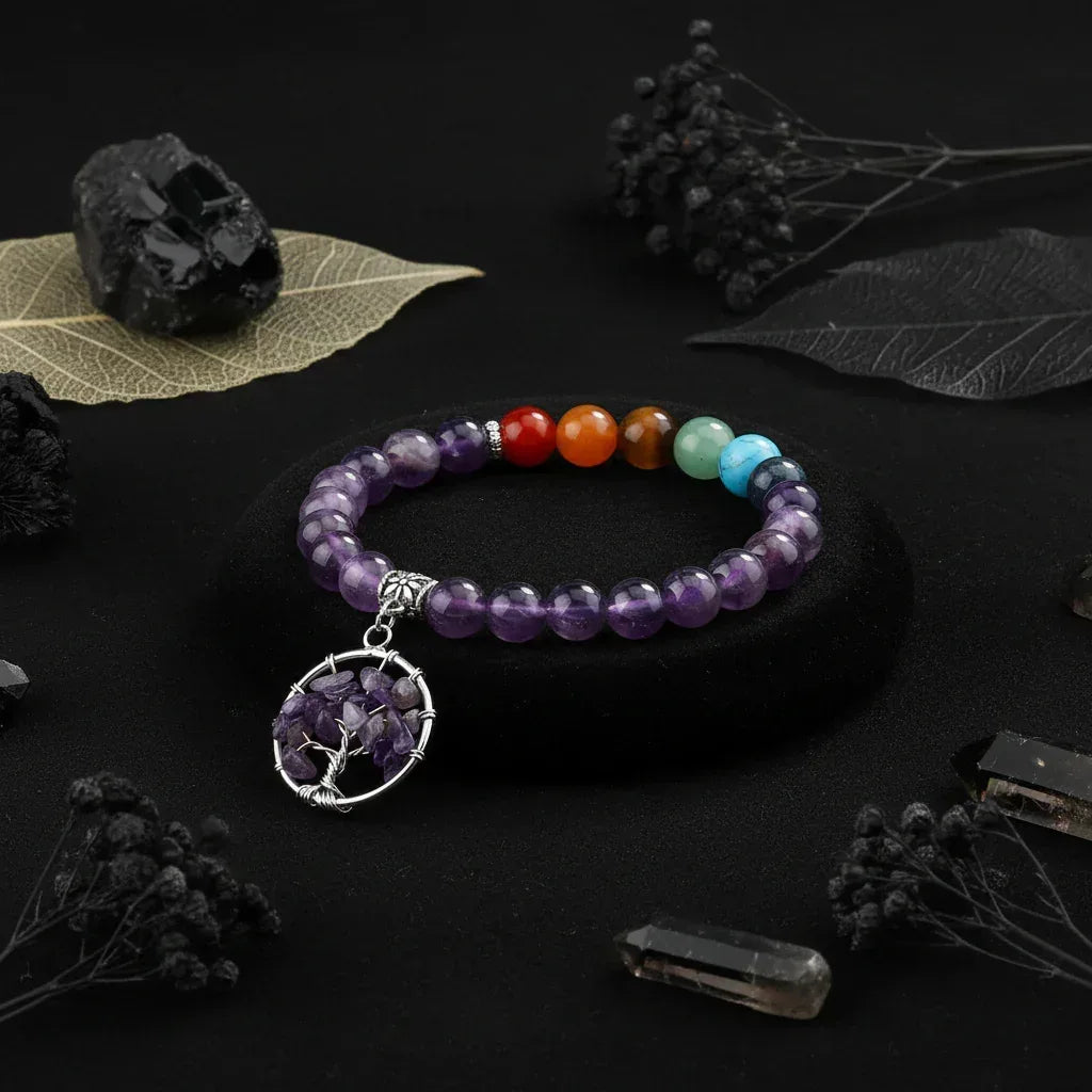 Chakra Crystal Bracelet - Sorceress Sanctuary Obsidian-Green Aventurine-Tiger Eye-Amethyst-White Turquoise