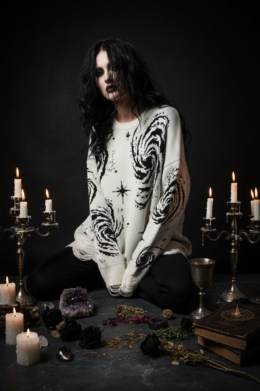 White sweater with black spiral pattern on a white background