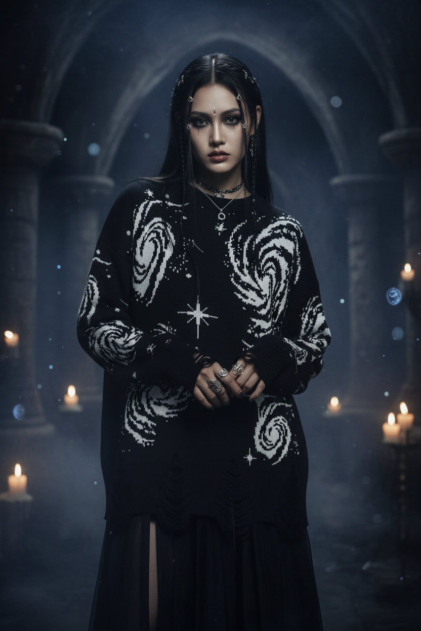 Black sweater with galaxy design on a white background