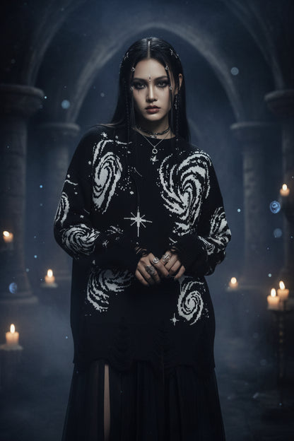 Black sweater with galaxy design on a white background