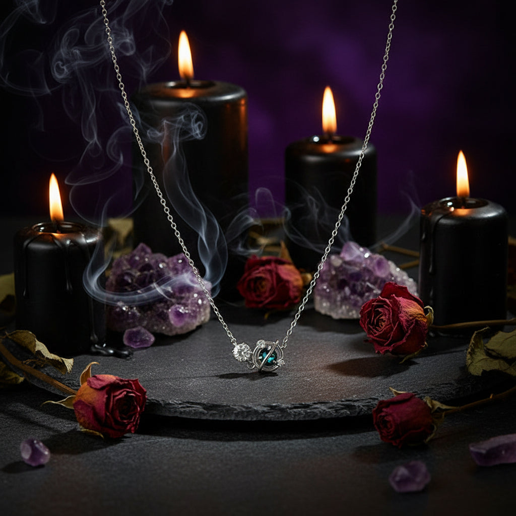 Necklace with a unique pendant on a branded card